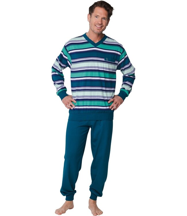 katoenen heren pyjama met v-hals stripey green