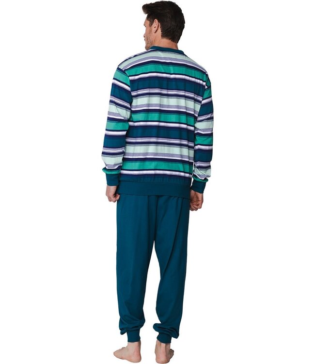 men's green long sleeve v neck cotton pyjama set stripey green