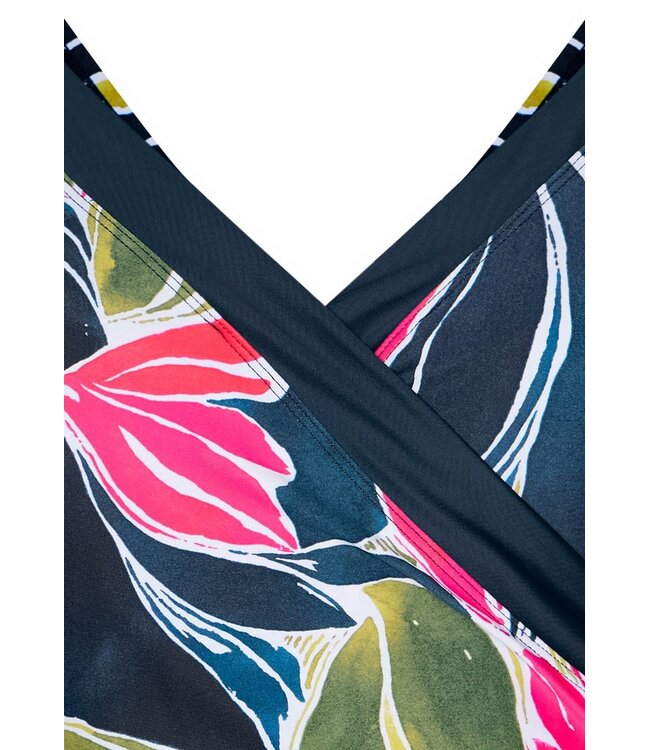 v neck soft cup powernet swimsuit tropical leaf