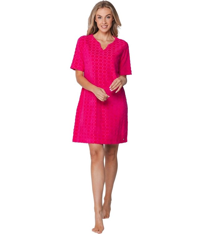 short sleve embossed jaqcuard terry home lounge dress coral flowers