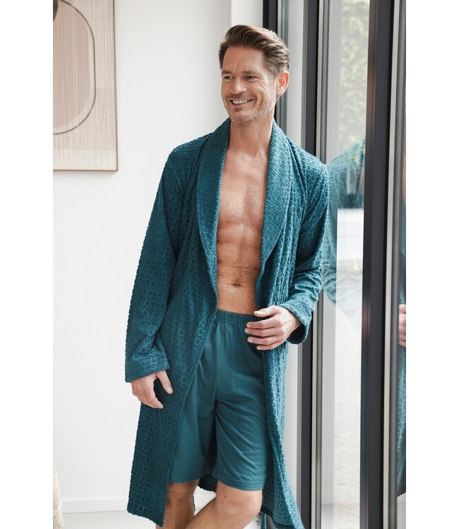 men's green cotton jaquard terry wrap-over bathrobe geometric groove