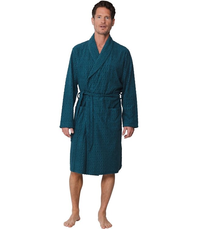 men's green cotton jaquard terry wrap-over bathrobe geometric groove