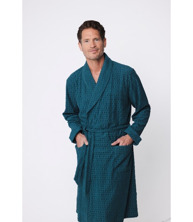 men's green cotton jaquard terry wrap-over bathrobe geometric groove