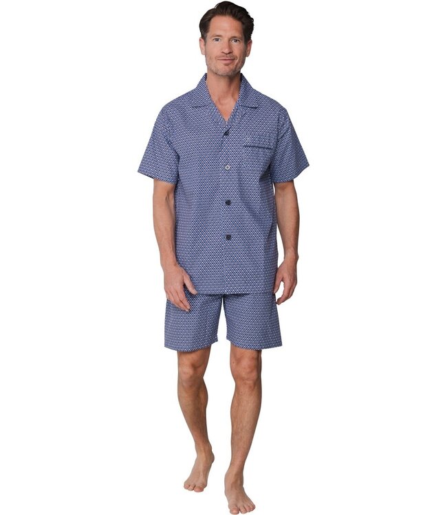 mens blue full button woven cotton short set geometric diamond