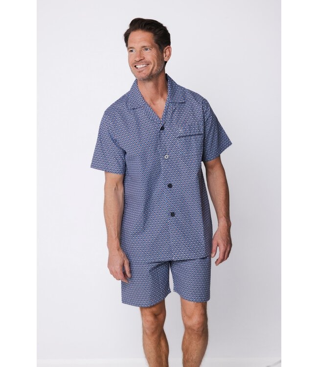 mens blue full button woven cotton short set geometric diamond