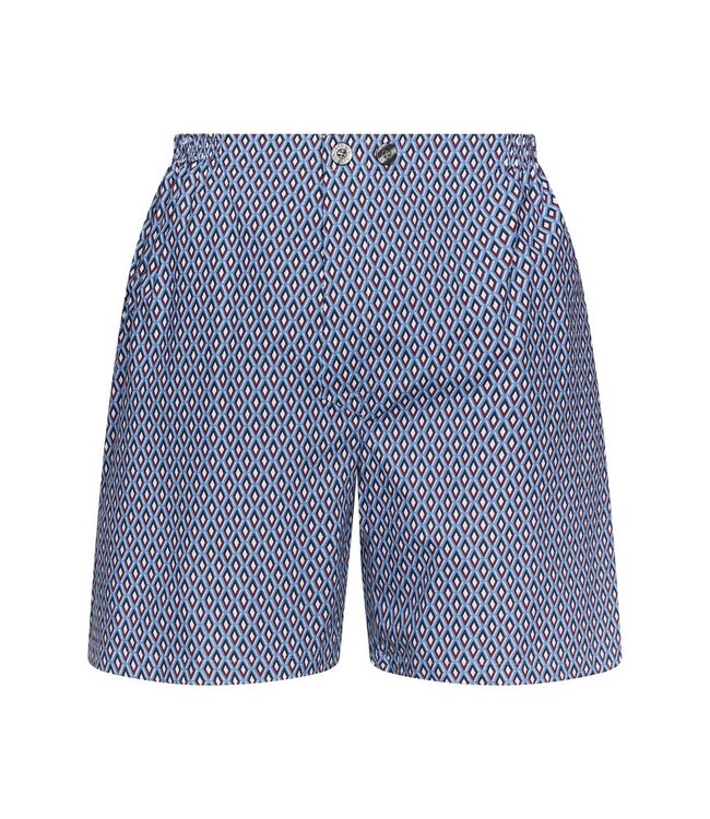 mens blue full button woven cotton short set geometric diamond