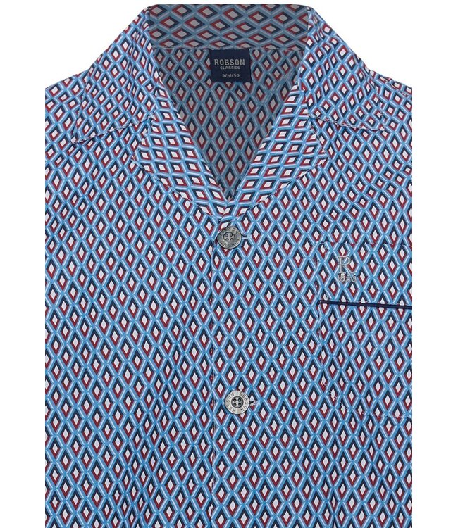 mens blue full button woven cotton short set geometric diamond