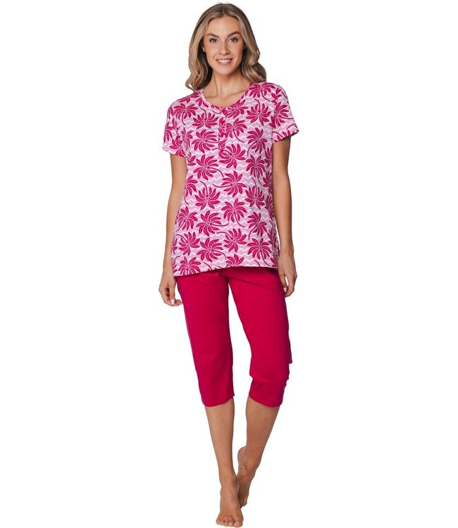 pink organic cotton short sleeve pyjama set with buttons palm waves