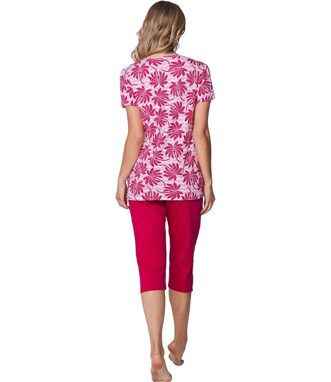 roze biologisch katoenen dames pyjama korte mouw palm waves