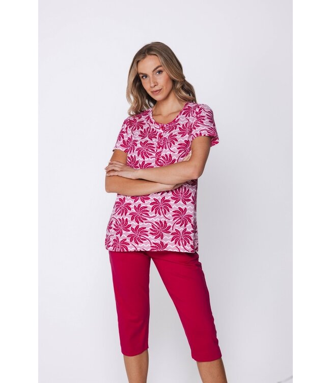 roze biologisch katoenen dames pyjama korte mouw palm waves
