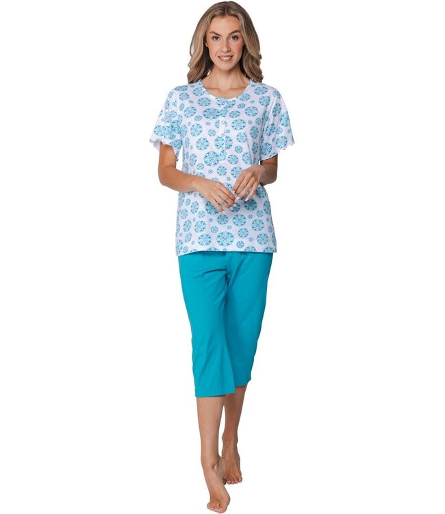 ladies short sleeve cotton 3/4 pyjama with 5 buttons bold blue flower