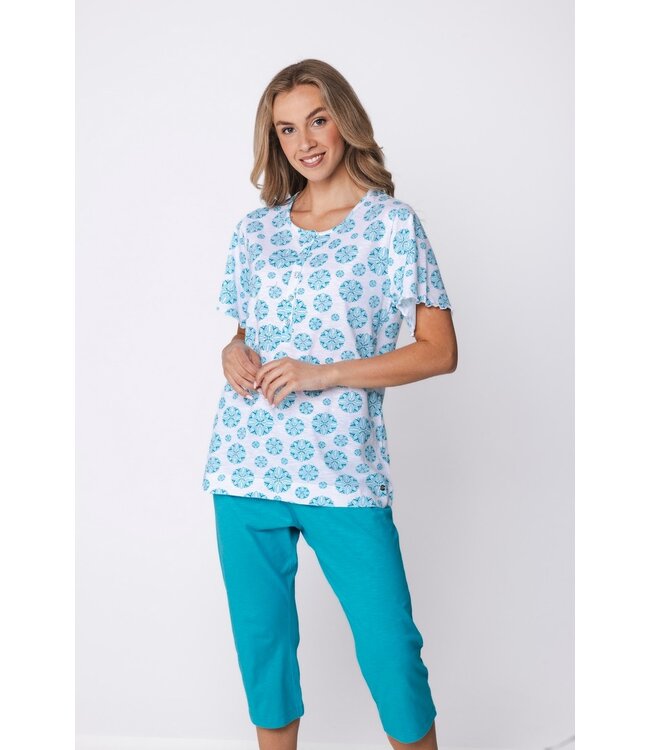 katoenen dames pyjama 3/4 korte mouw met 5 knopen Bold Blue Flower