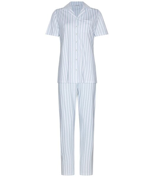 Pastunette ladies short sleeve full button cotton pyjama blue stripes