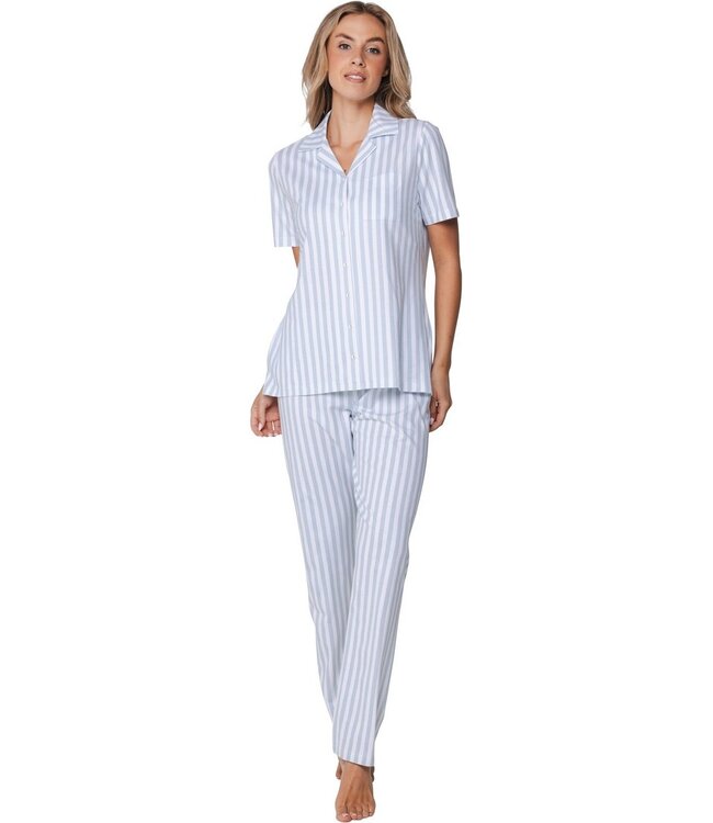 ladies short sleeve full button cotton pyjama blue stripes