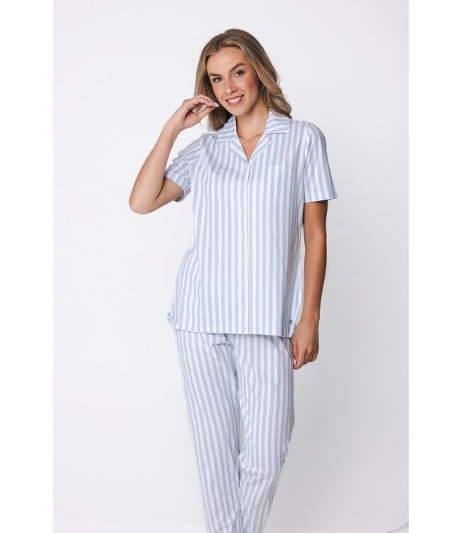 katoenen doorknoop dames pyjama korte mouw Blue Stripes