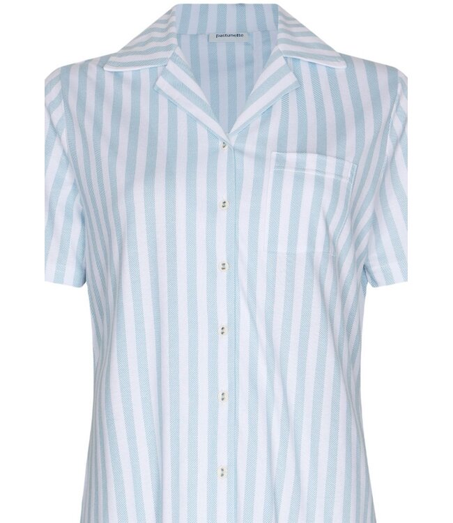 ladies short sleeve full button cotton pyjama blue stripes