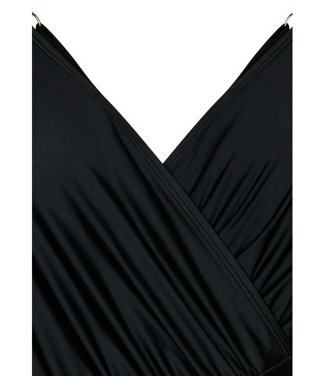 black v neck soft cup swimsuit with gold detail beautiful beach