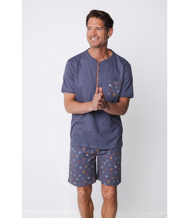 men's trendy grey cotton shorty set with buttons neck sport it up