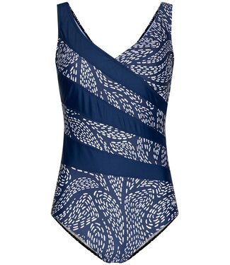 Pastunette Beach Donkerblauw badpak met V-hals, soft cups en powernet Leafy Ocean