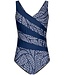 Pastunette Beach Donkerblauw badpak met V-hals, soft cups en powernet Leafy Ocean