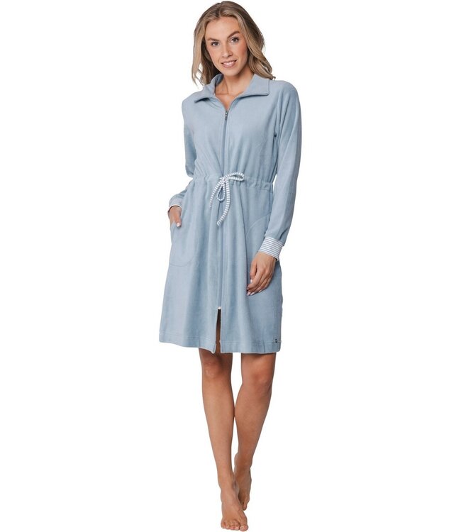 lichtblauwe velvet dames ochtendjas met rits Velvet Blue Stripes