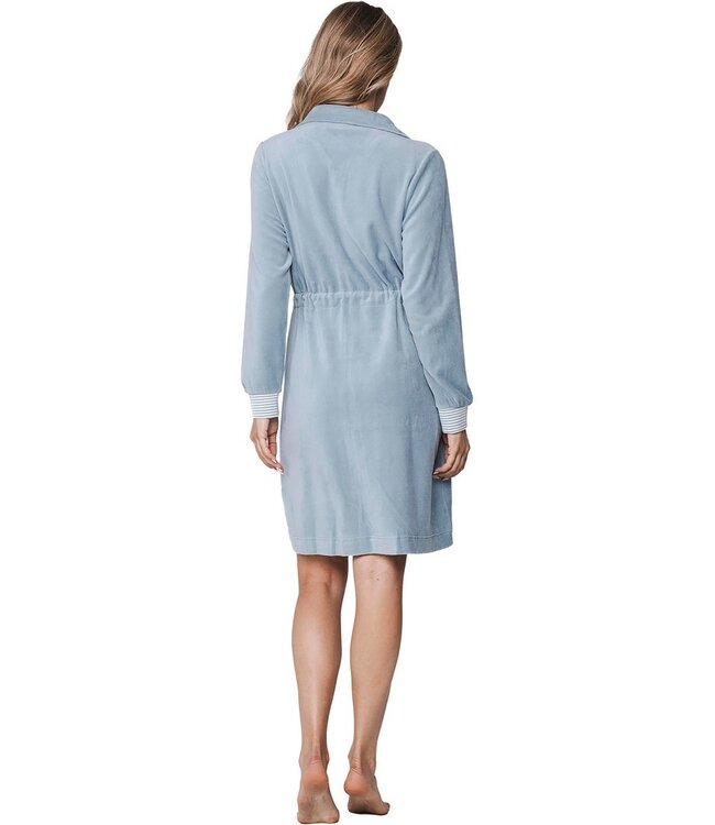 ladies pale blue velvet morninggown with zip velvet blue stripes