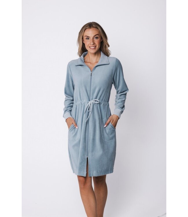 ladies pale blue velvet morninggown with zip velvet blue stripes