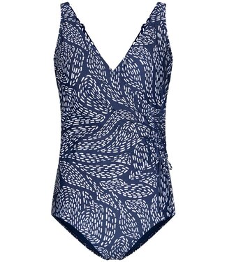 Pastunette Beach dark blue soft cup v neck powernet swimsuit with tie leafy ocean