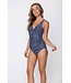 Donkerblauw badpak met soft cups, V-hals en powernet Leafy Ocean