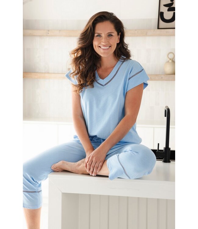 short sleeve 'v' neck organic cotton pyjama pretty blue detail