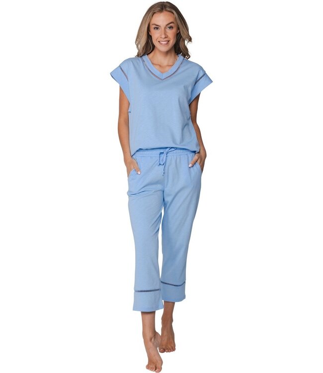 biologisch katoen dames pyjama met korte mouwen en  V-hals Pretty Blue