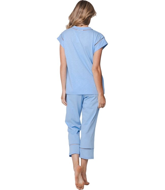 biologisch katoen dames pyjama met korte mouwen en  V-hals Pretty Blue