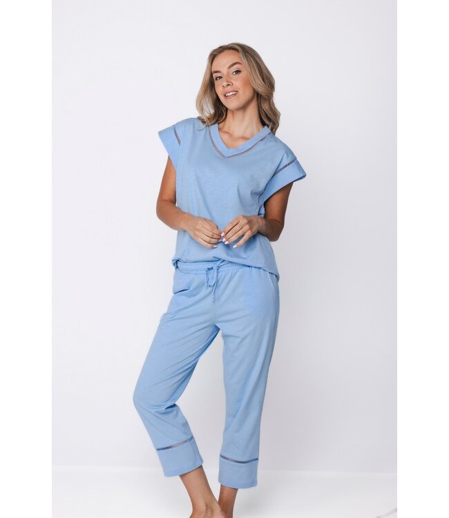 biologisch katoen dames pyjama met korte mouwen en  V-hals Pretty Blue