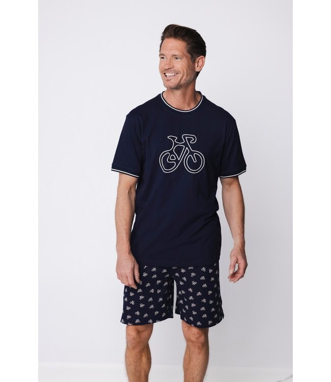 blauwe katoenen heren shorty set met ronde hals Bike Race