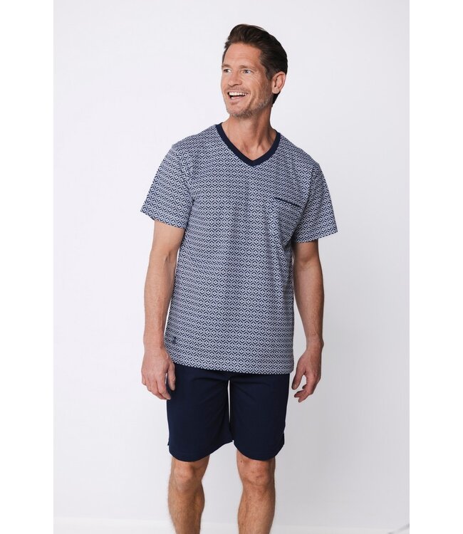 donkerblauwe heren shorty set van katoen met v-hals Cool Comfort