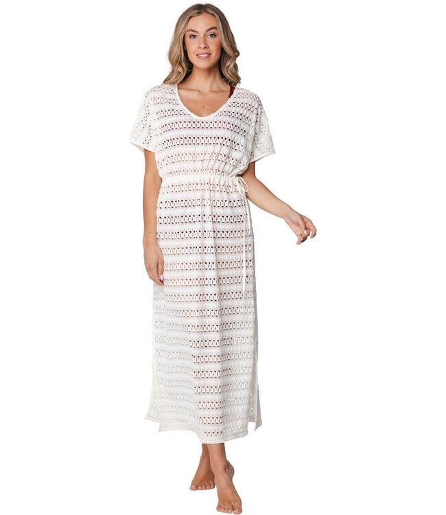 long off white short sleeve see-through beach dress chic crochet