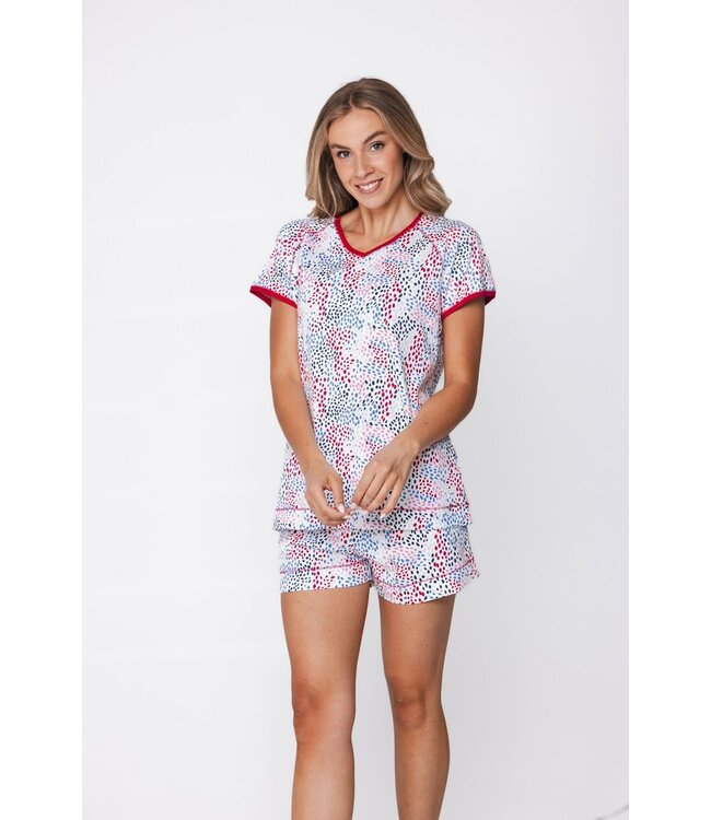 ladies v neck short sleeve organic cotton shorty set dotty swirl