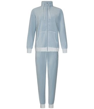 Pastunette ladies pale blue velvet home-lounge suit with zip velvet blue stripes