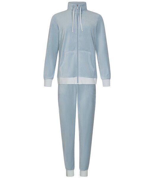 Pastunette ladies pale blue velvet home-lounge suit with zip velvet blue stripes
