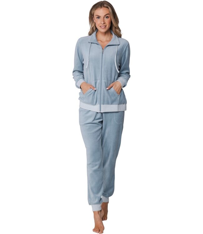 lichtblauwe velours dames home-lounge set met rits Velvet Blue Stripes
