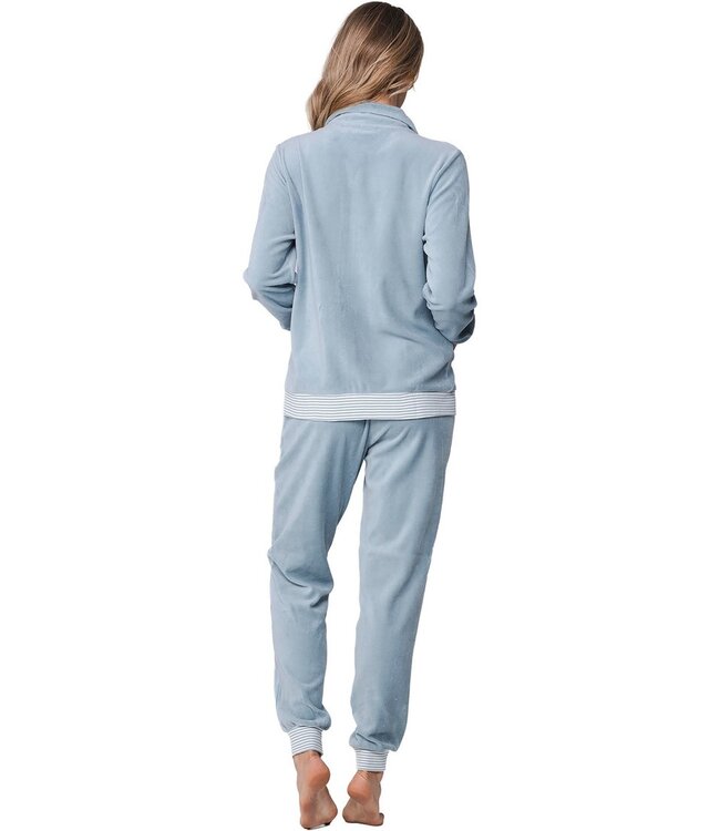 ladies pale blue velvet home-lounge suit with zip velvet blue stripes