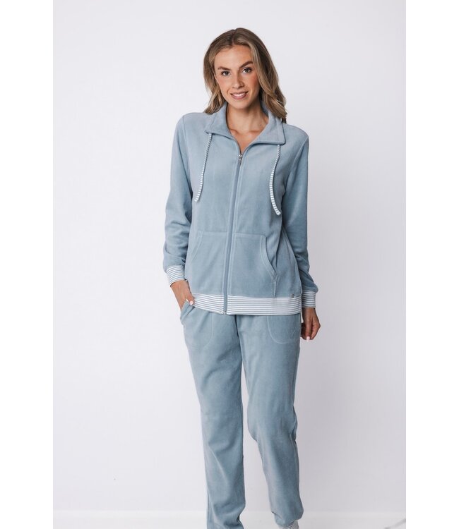 ladies pale blue velvet home-lounge suit with zip velvet blue stripes