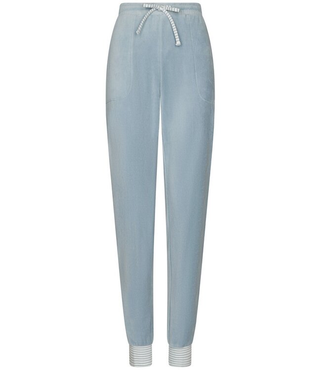 ladies pale blue velvet home-lounge suit with zip velvet blue stripes