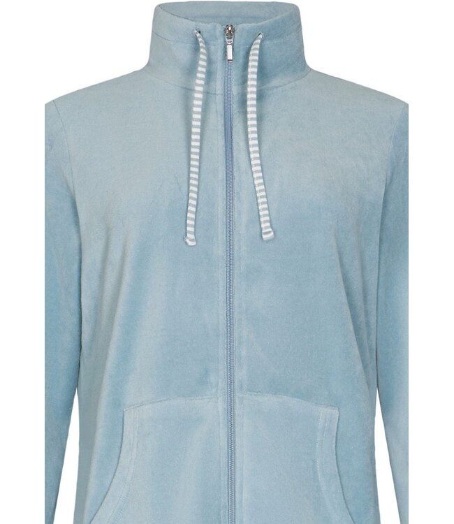 ladies pale blue velvet home-lounge suit with zip velvet blue stripes