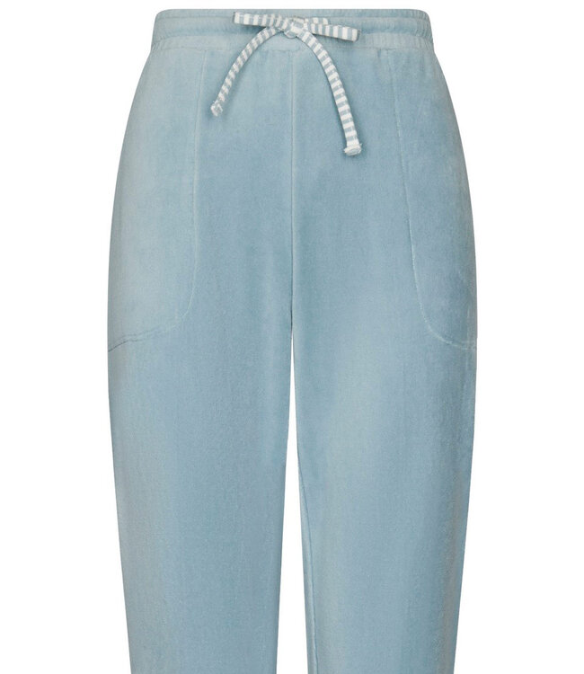 ladies pale blue velvet home-lounge suit with zip velvet blue stripes