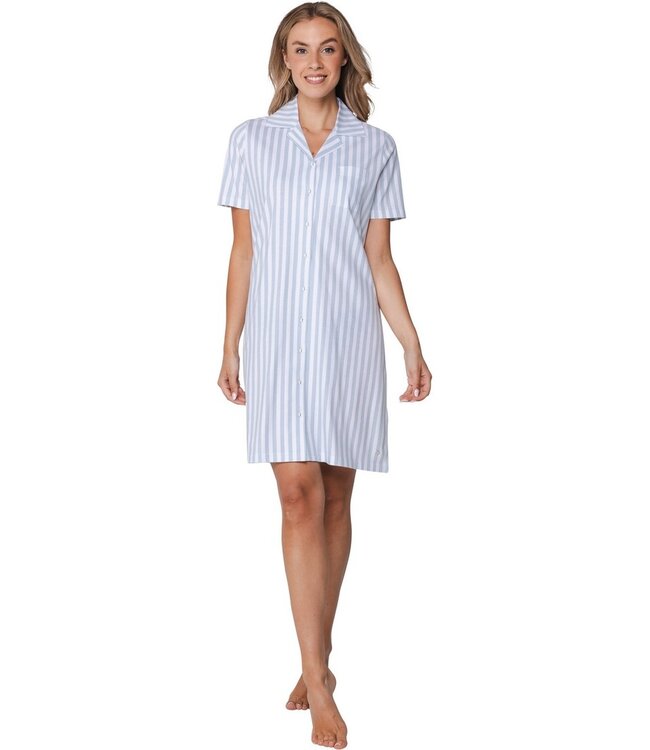 katoenen doorknoop dames nachthemd korte mouw Blue Stripes