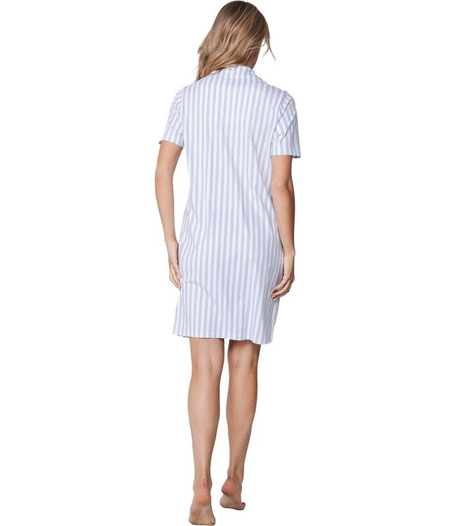 ladies short sleeve full button cotton nightdress blue stripes