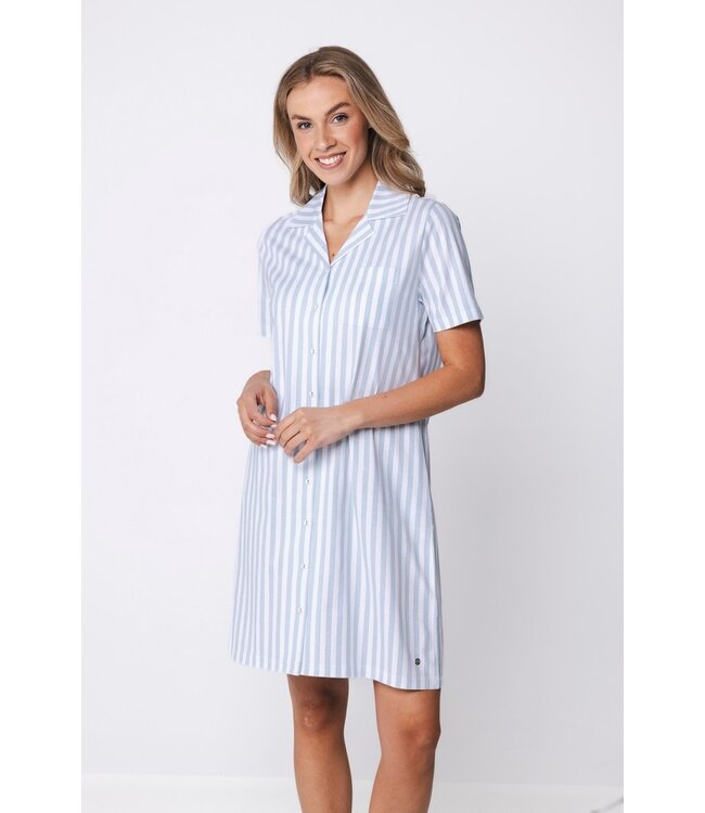 katoenen doorknoop dames nachthemd korte mouw Blue Stripes