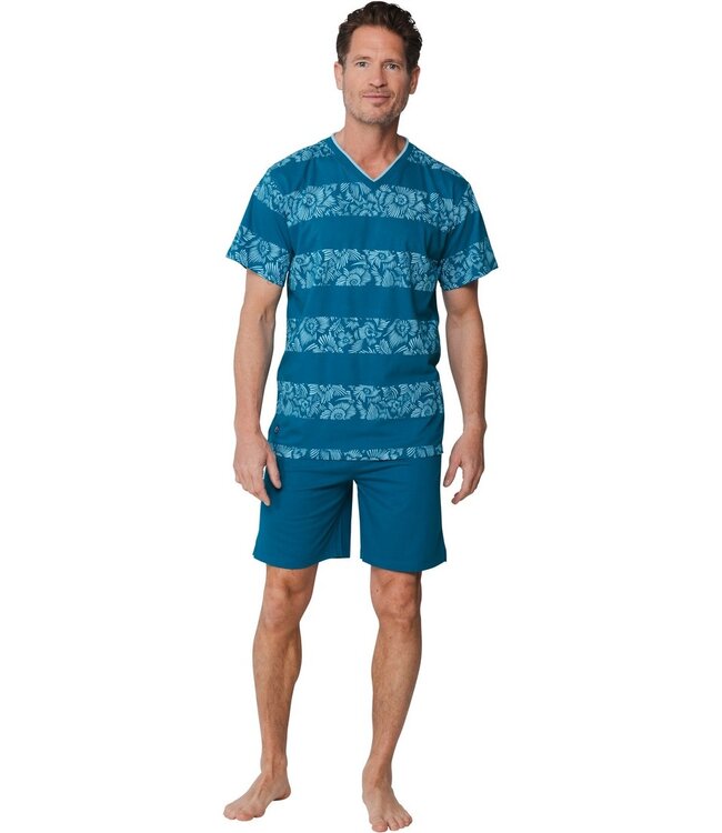 zeeblauwe katoenen heren shorty set v-hals Hawaiian Holiday