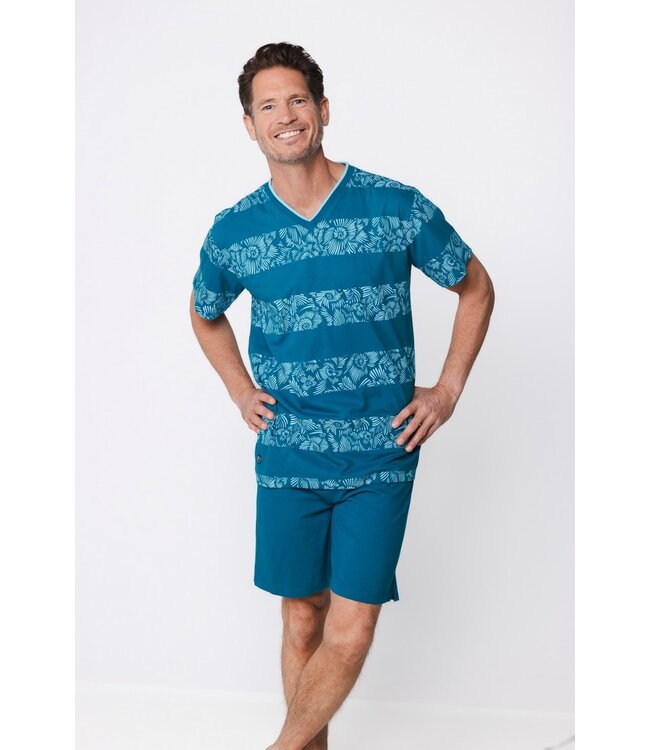 zeeblauwe katoenen heren shorty set v-hals Hawaiian Holiday